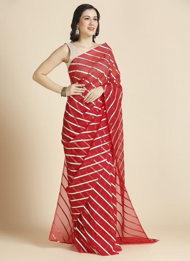 Organza Chiffon Red Traditional Wear Leheriya Print Saree